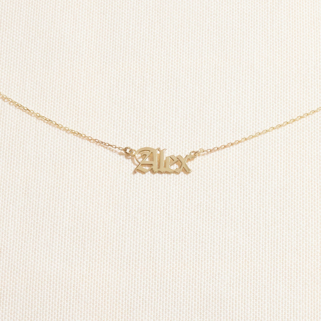 Custom Old English Name Necklace in Silver, Gold, and Rose