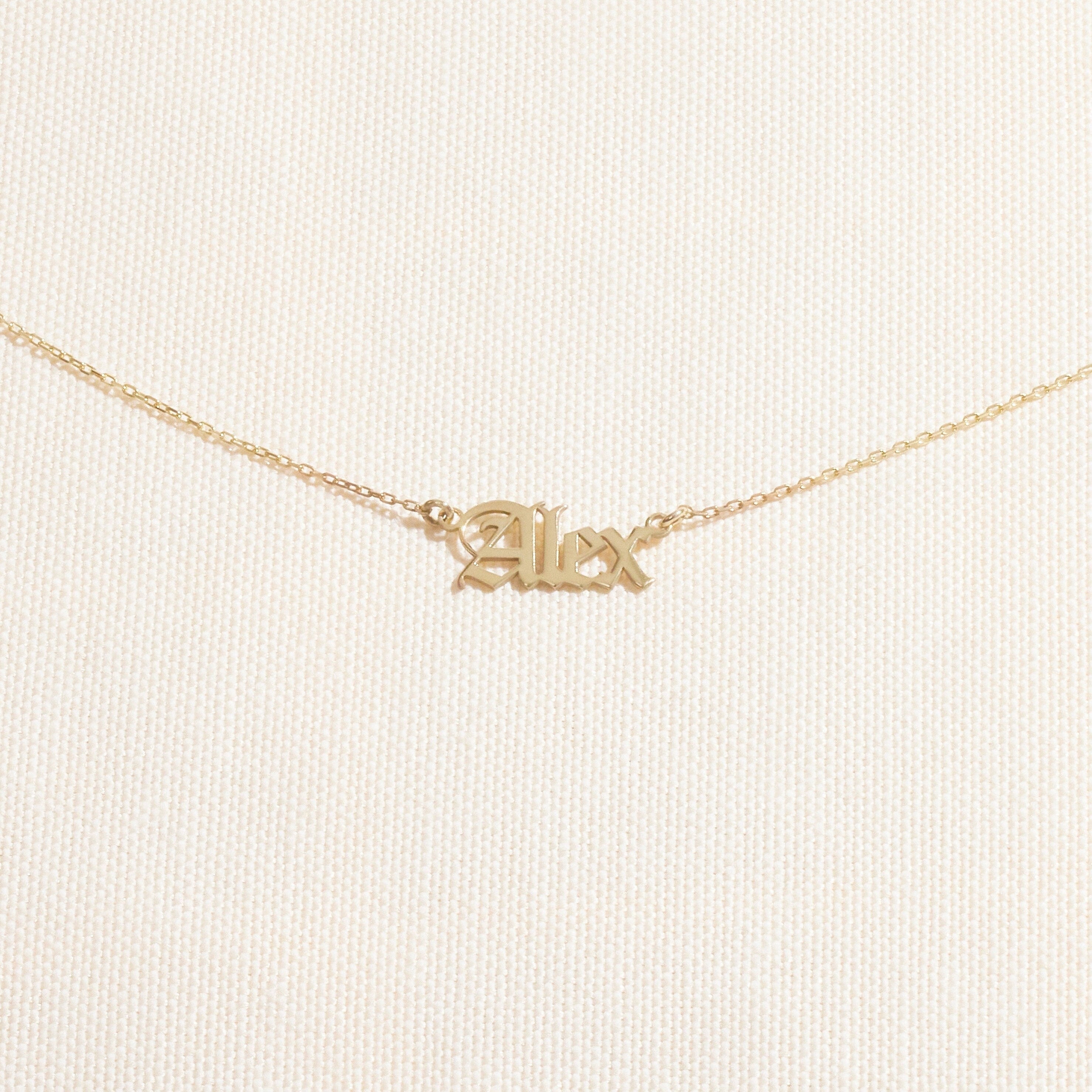 Custom Old English Name Necklace in Silver, Gold, and Rose