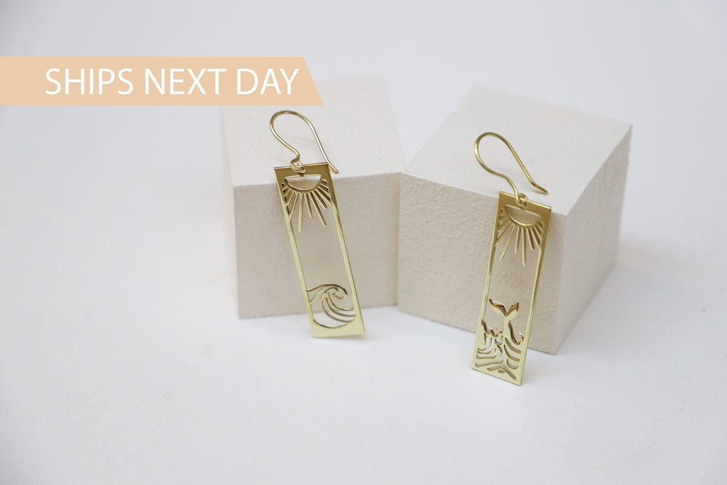 Sunshine Co. Sunrise Wave Dangle Earrings - Gold Boho Rectangle Drops for Women