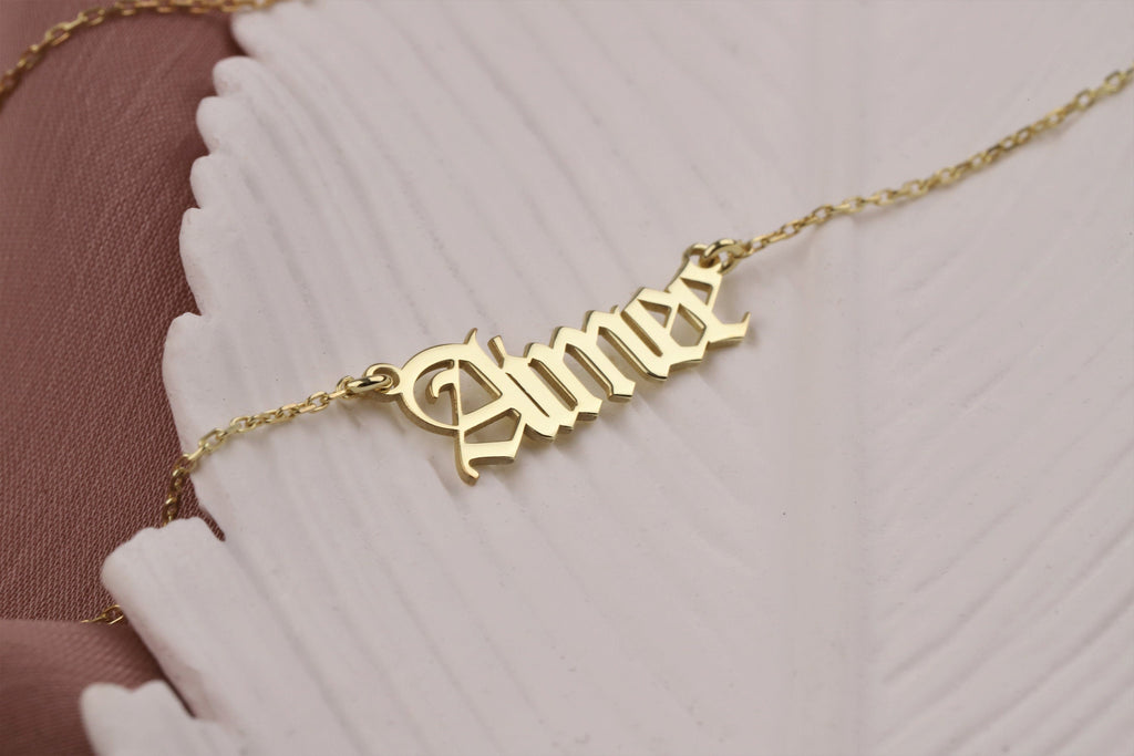 GoldGlow Personalized 14k Gold Old English Name Necklace - Custom Gothic Style Gift