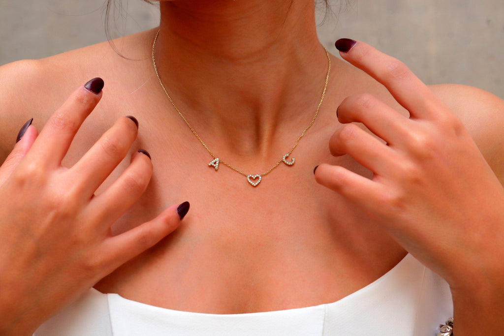 Dainty Initial Pave Necklace with Diamond Heart