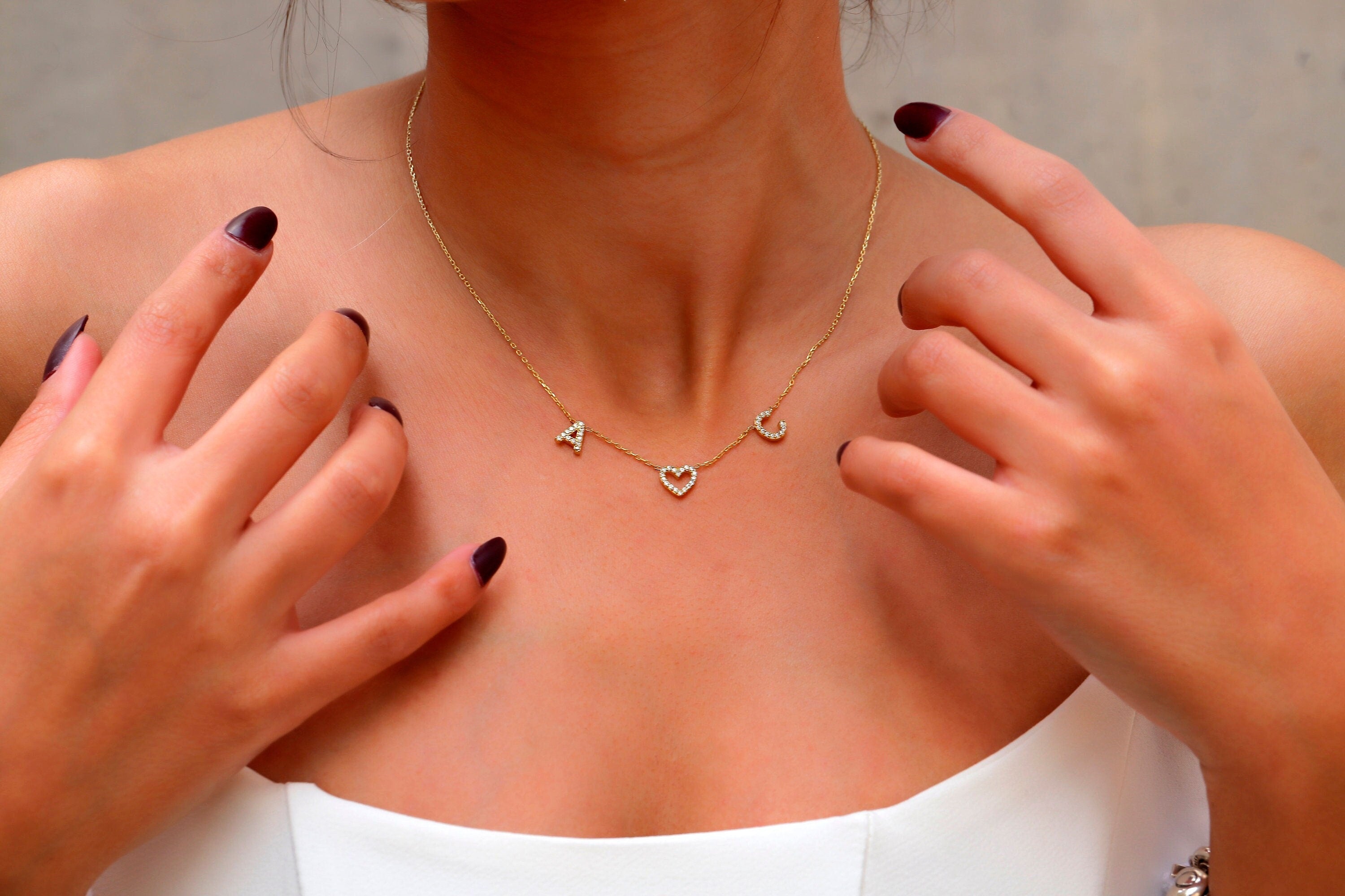 Dainty Initial Pave Necklace with Diamond Heart