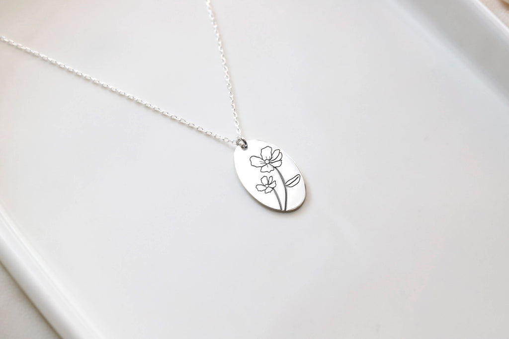 Silver Birth Flower Necklace | Handwritten Engraving | Minimalist Floral Jewelry for Women