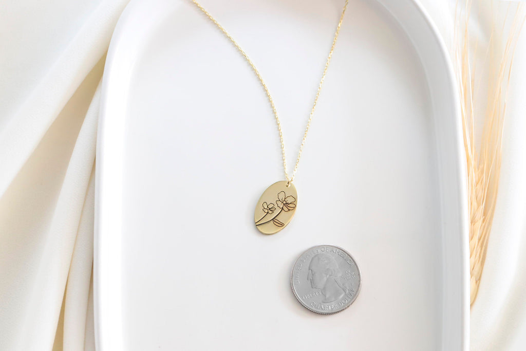Silver Birth Flower Necklace | Handwritten Engraving | Minimalist Floral Jewelry for Women