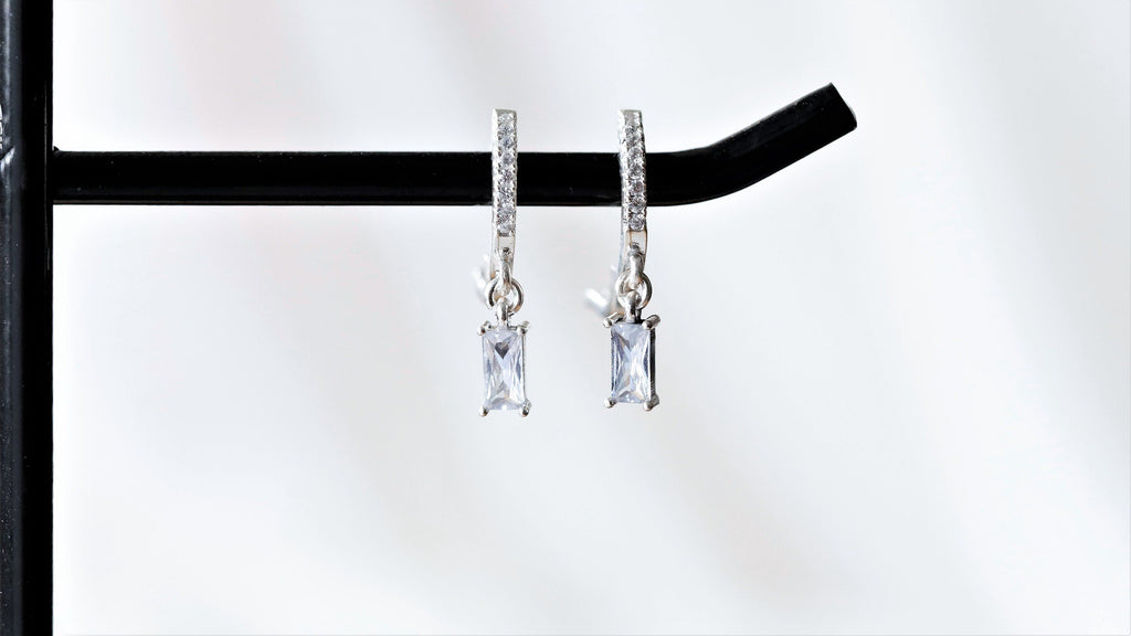 SilverGoldandRose Diamond Baguette Hoops - Dainty Charm Earrings for Bridesmaids