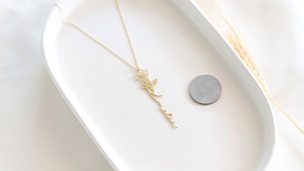 Personalized Vertical Birth Flower Name Necklace in Gold | Custom Dainty Jewelry Gift for Her