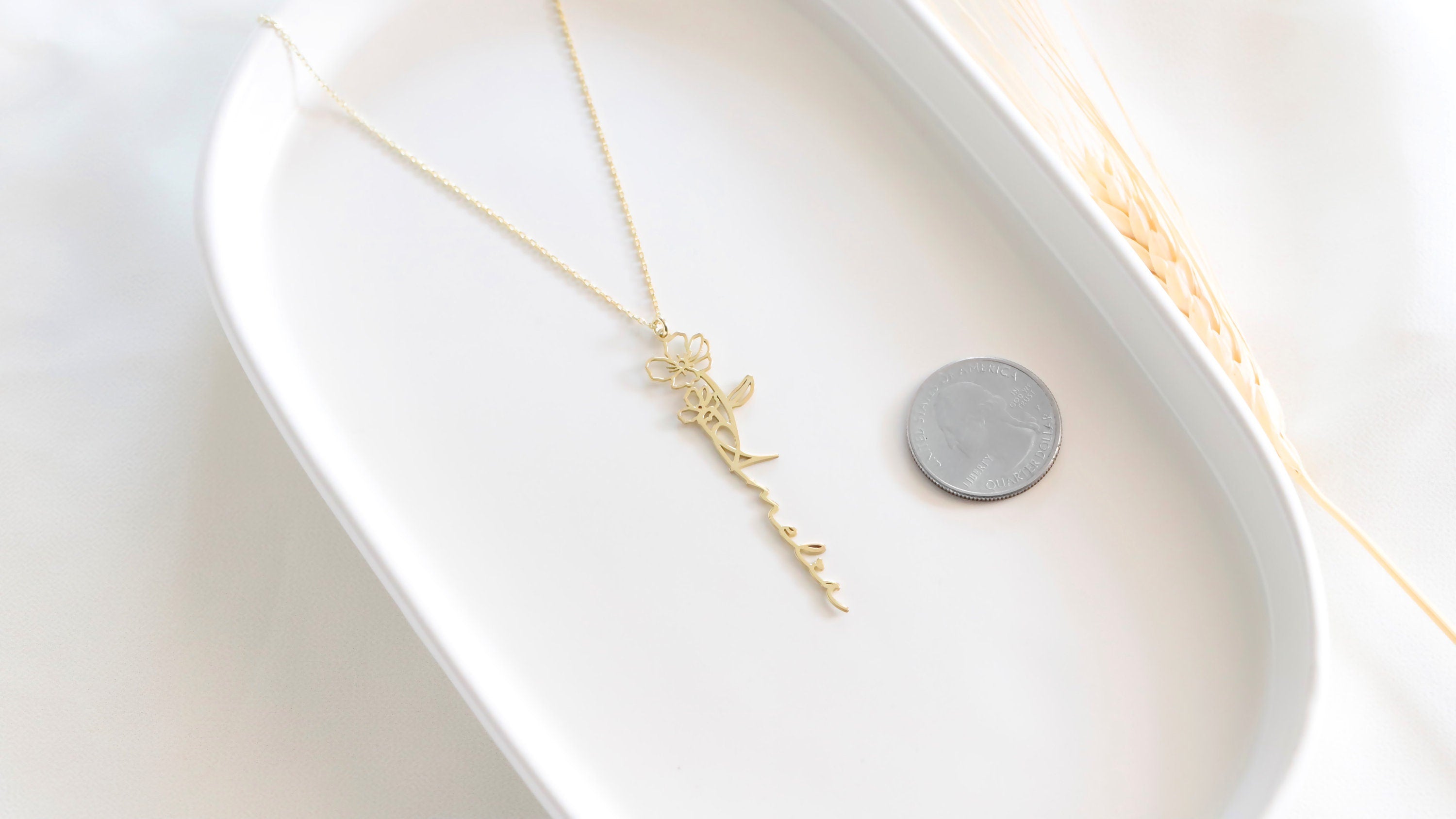 Personalized Vertical Birth Flower Name Necklace in Gold | Custom Dainty Jewelry Gift for Her