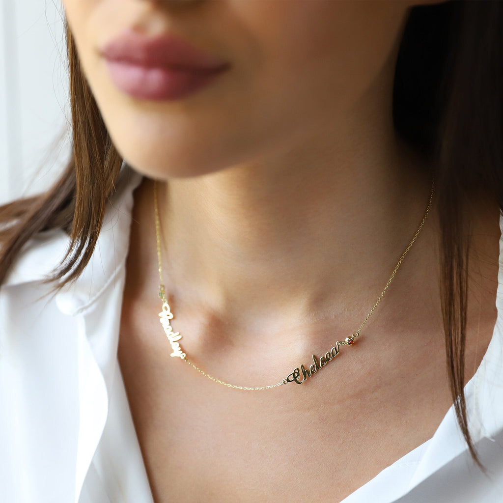 Personalized Two-Name Necklace in 14K Gold, Sterling Silver & Rose Gold with Diamonds and Birthstones | Custom Jewelry