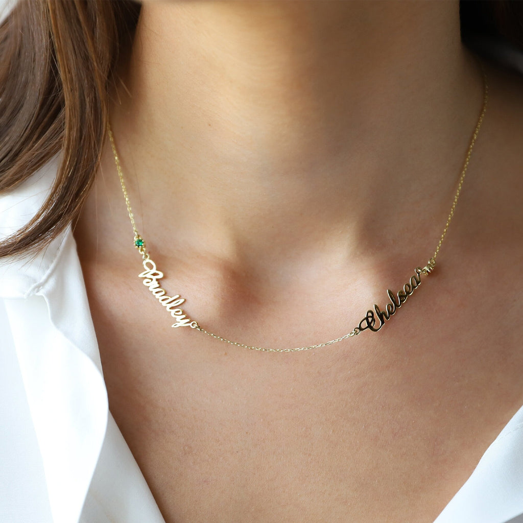 Personalized Two-Name Necklace in 14K Gold, Sterling Silver & Rose Gold with Diamonds and Birthstones | Custom Jewelry