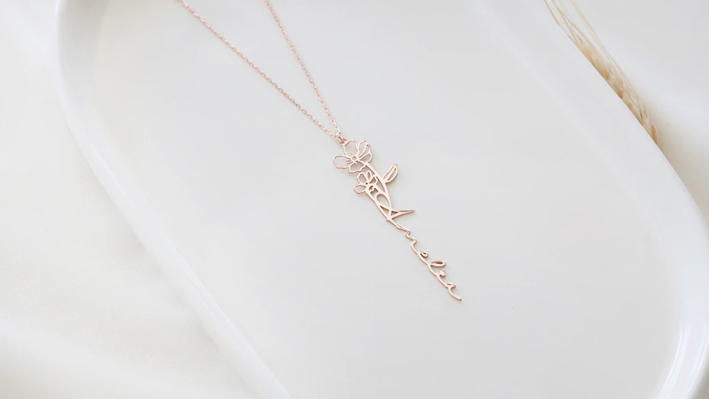 Personalized Vertical Birth Flower Name Necklace in Gold | Custom Dainty Jewelry Gift for Her