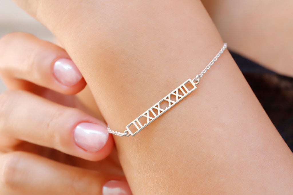 Elysian Jewelry Custom Bar Bracelet with Roman Numerals for Personalized Special Dates
