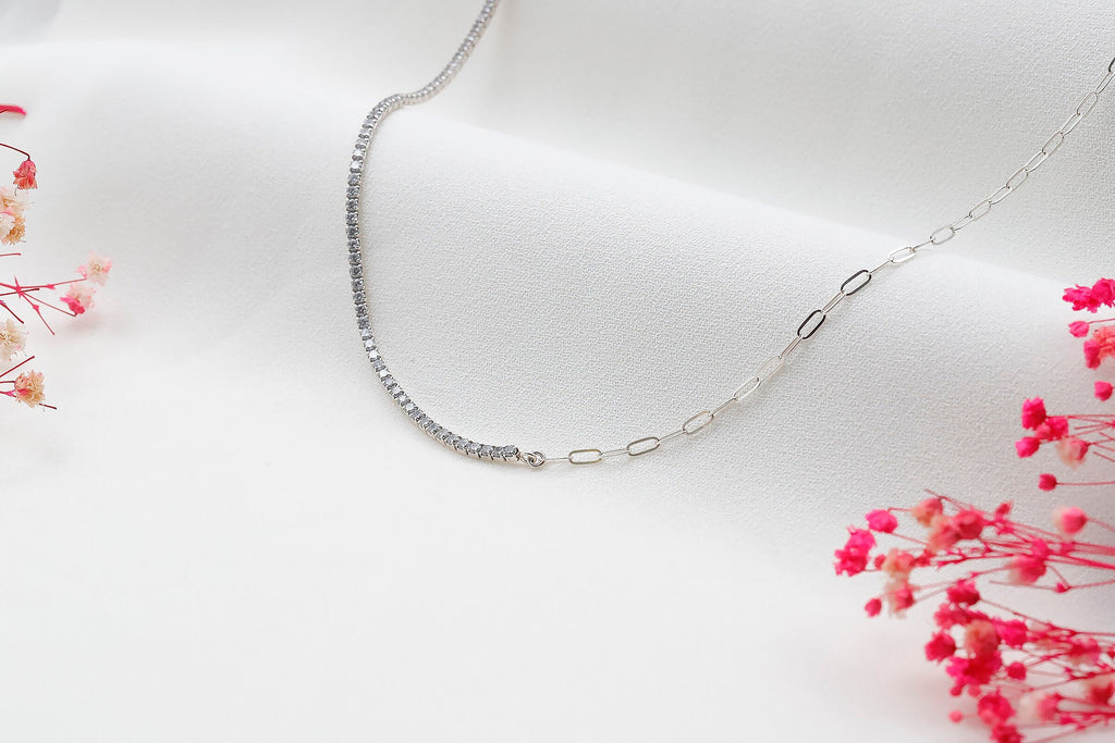 Tennis & Paperclip Fusion Necklace - A Unique Blend of Sporty Elegance