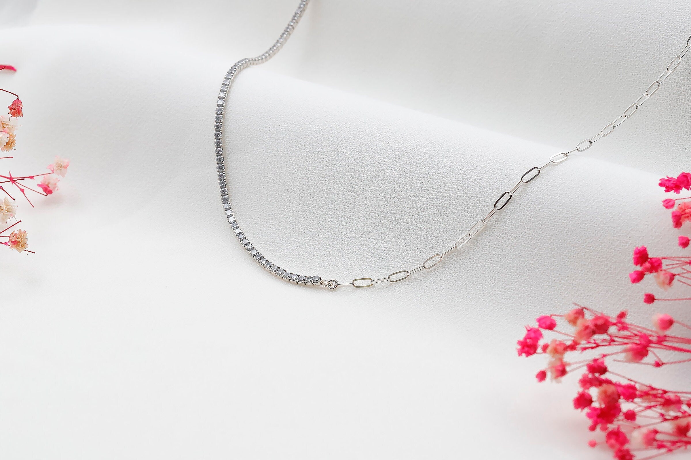 Tennis & Paperclip Fusion Necklace - A Unique Blend of Sporty Elegance