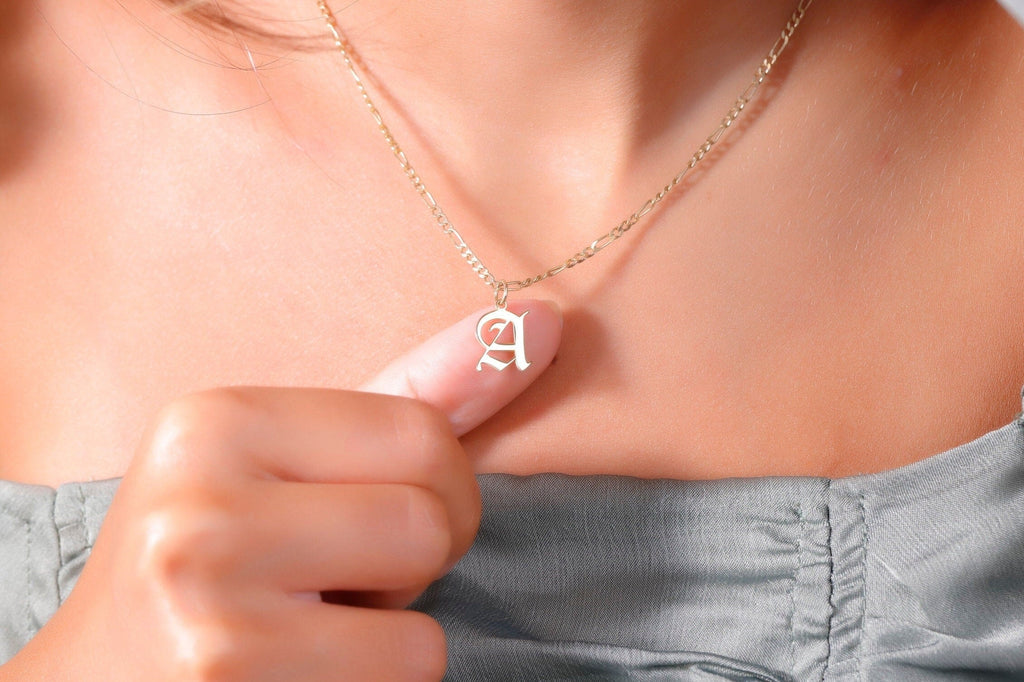 Figaro Chain Necklace with Custom Old English Initial - Unique Gothic Letter Jewelry for Him & Her
