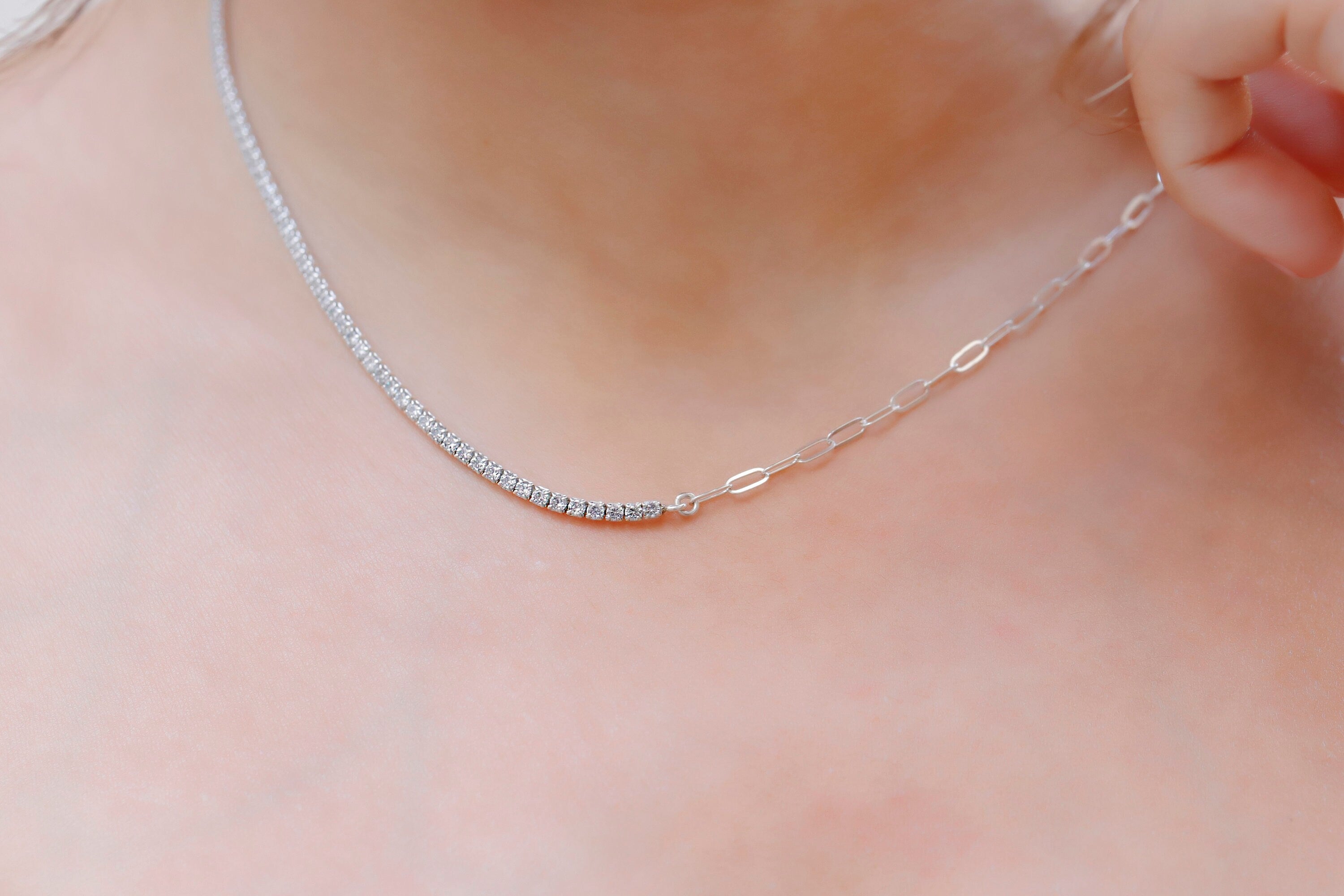 Tennis & Paperclip Fusion Necklace - A Unique Blend of Sporty Elegance