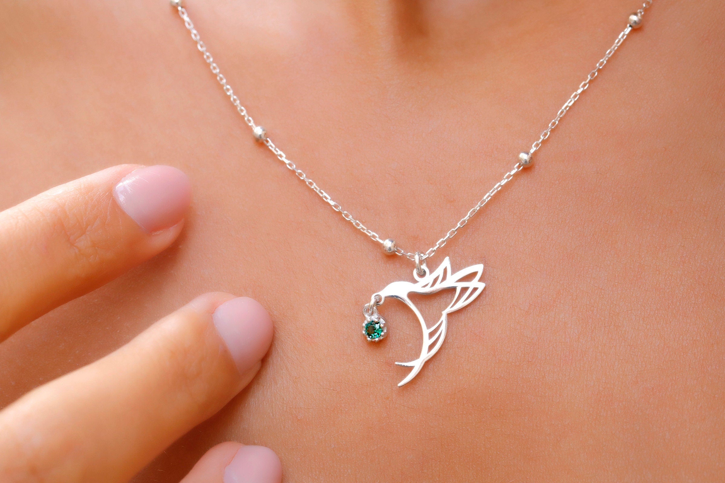 SilverGoldandRose Hummingbird Birthstone Necklace • Gold Bird Jewelry with Beaded Chain for Good Luck & Love