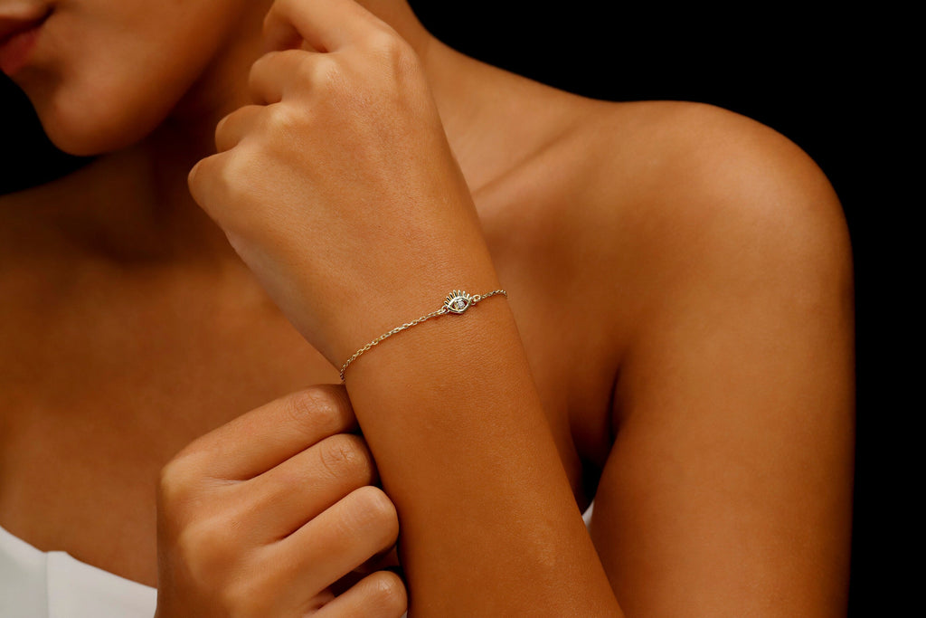 14K Pave Diamond Evil Eye Charm Bracelet | Symbol of Protection &amp; Style