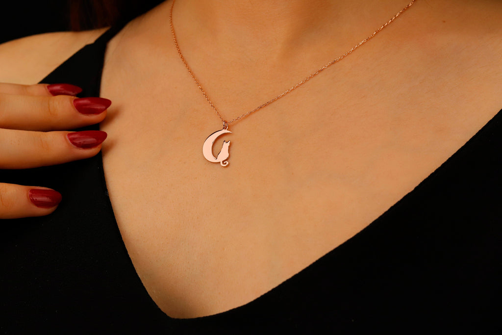 Moonlit Whiskers Sterling Silver Cat on Moon Necklace - Enchanting Celestial Jewelry Gift