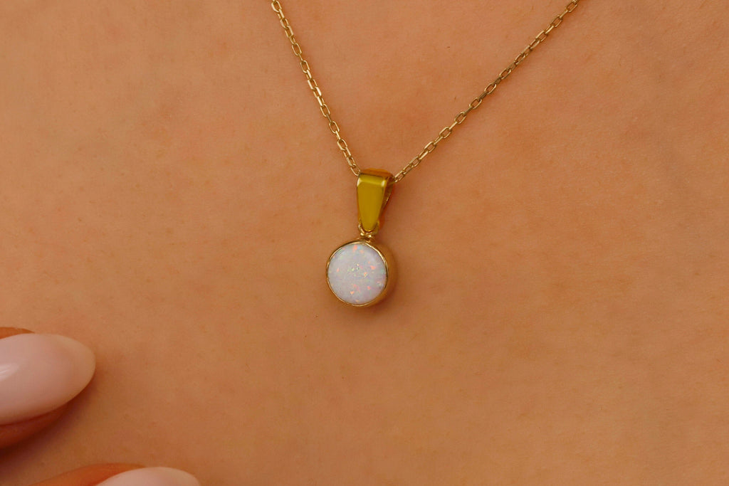 14K Gold White Opal Charm Necklace - Dainty Unique Pendant in Sterling Silver, Gold & Rose Gold for Birthdays