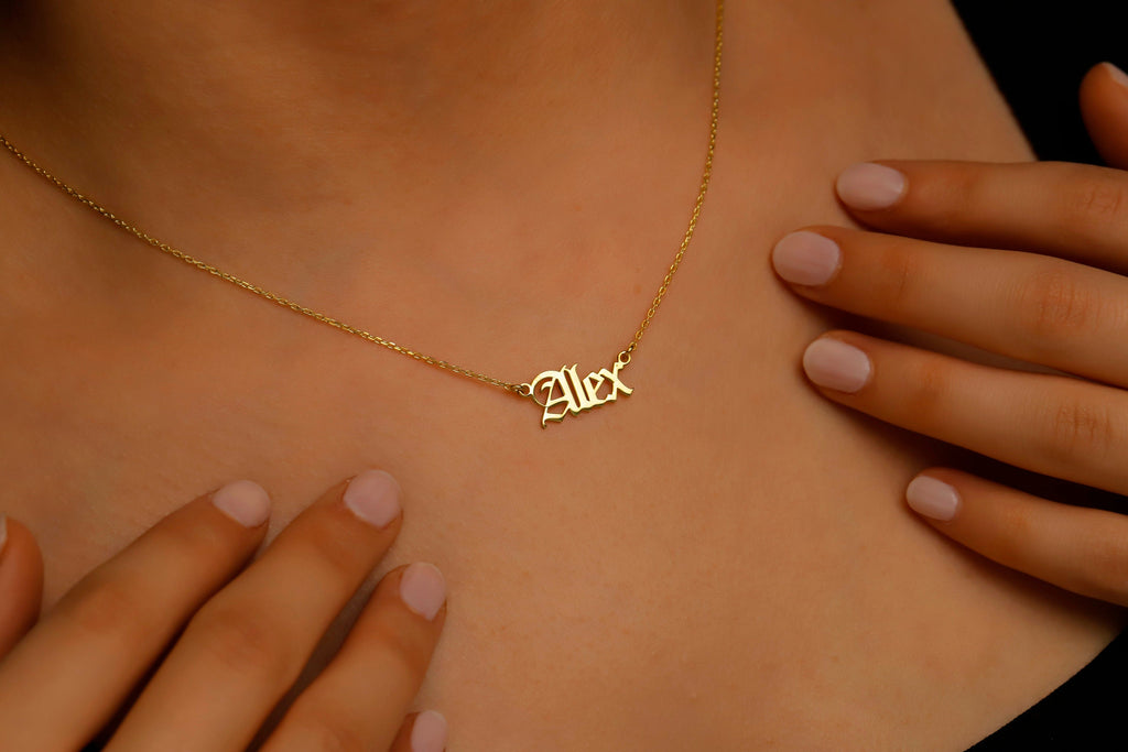 Custom Old English Name Necklace in Silver, Gold, and Rose