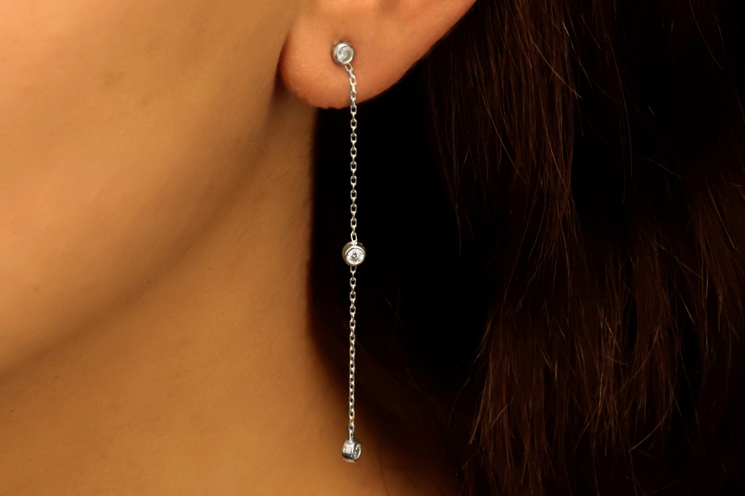 Long Dangle Chain Earrings with Sparkling CZ Diamonds