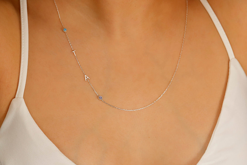 Gold Letter Birthstone Initial Necklace | Handmade Sideways Design | Unique Anniversary & Birthday Gift in Sterling Silver