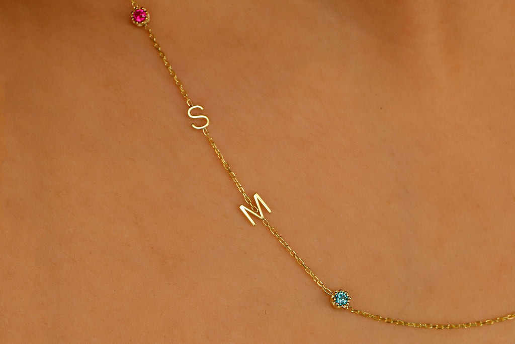 Gold Letter Birthstone Initial Necklace | Handmade Sideways Design | Unique Anniversary & Birthday Gift in Sterling Silver