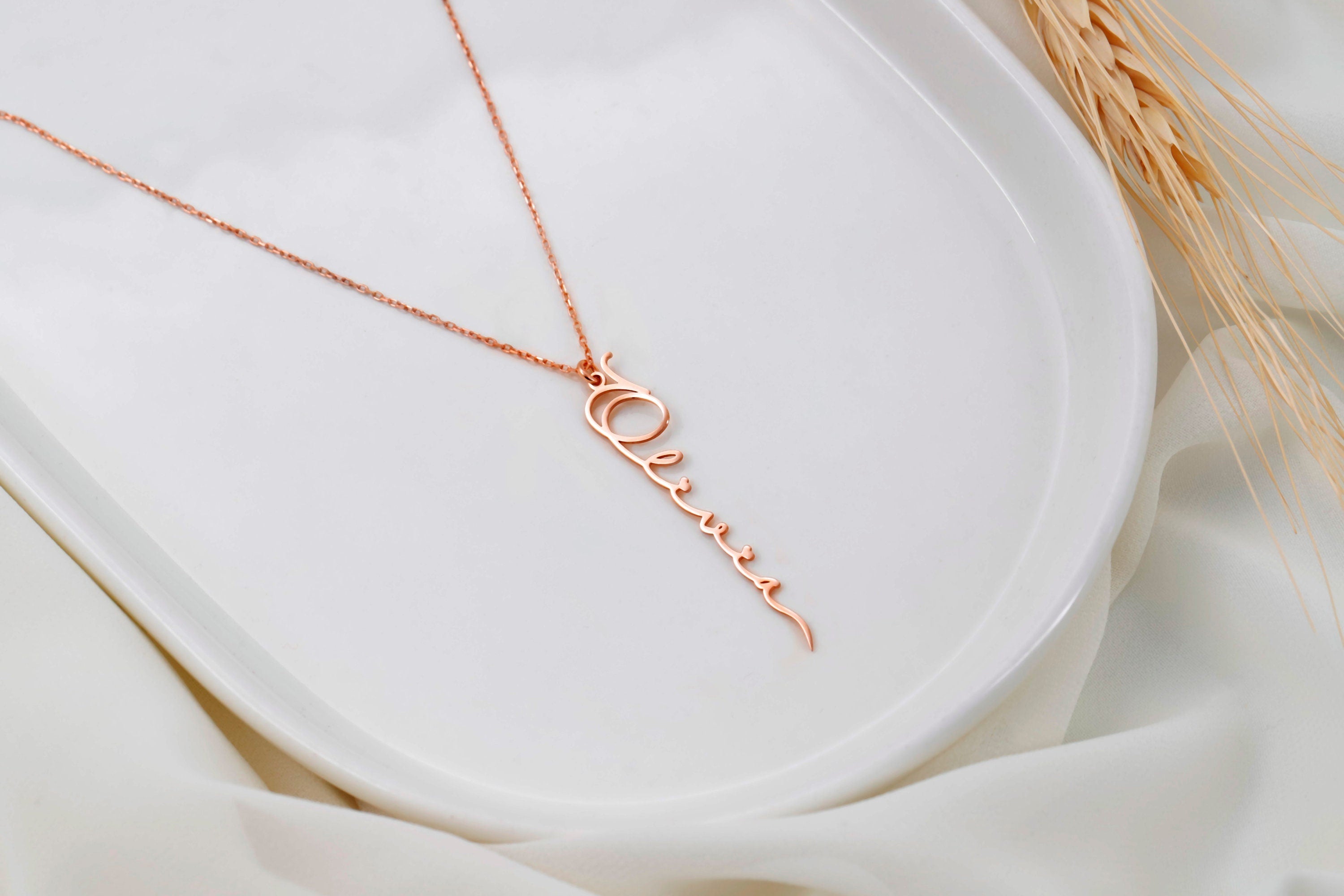 Silver Custom Name Charm Necklace | Personalized Vertical Nameplate Jewelry in Rose Gold