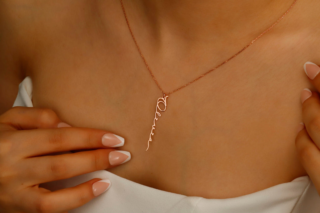 Silver Custom Name Charm Necklace | Personalized Vertical Nameplate Jewelry in Rose Gold