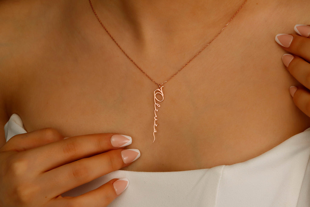 Silver Custom Name Charm Necklace | Personalized Vertical Nameplate Jewelry in Rose Gold