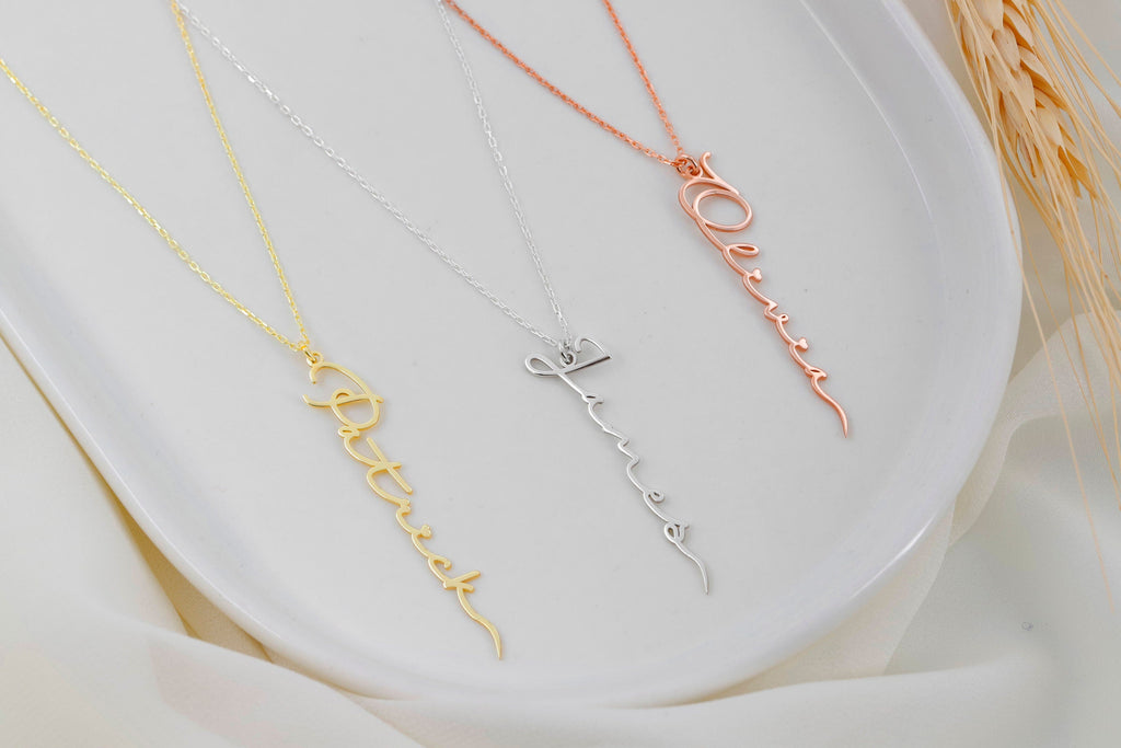 Silver Custom Name Charm Necklace | Personalized Vertical Nameplate Jewelry in Rose Gold