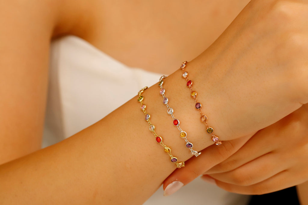 Rainbow Bliss Multi-Station Baguette Bracelet in 925 Sterling Silver