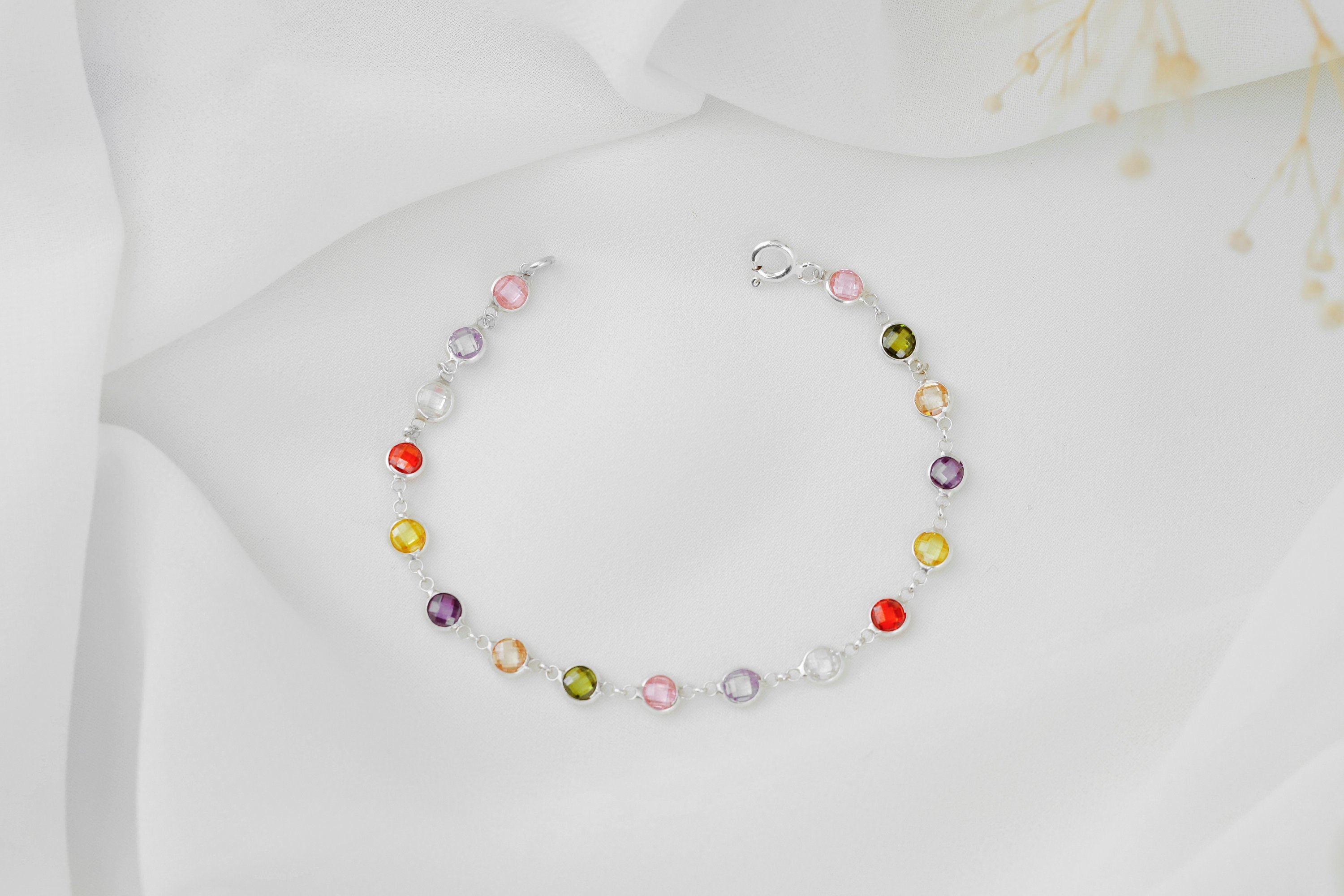 Rainbow Bliss Multi-Station Baguette Bracelet in 925 Sterling Silver