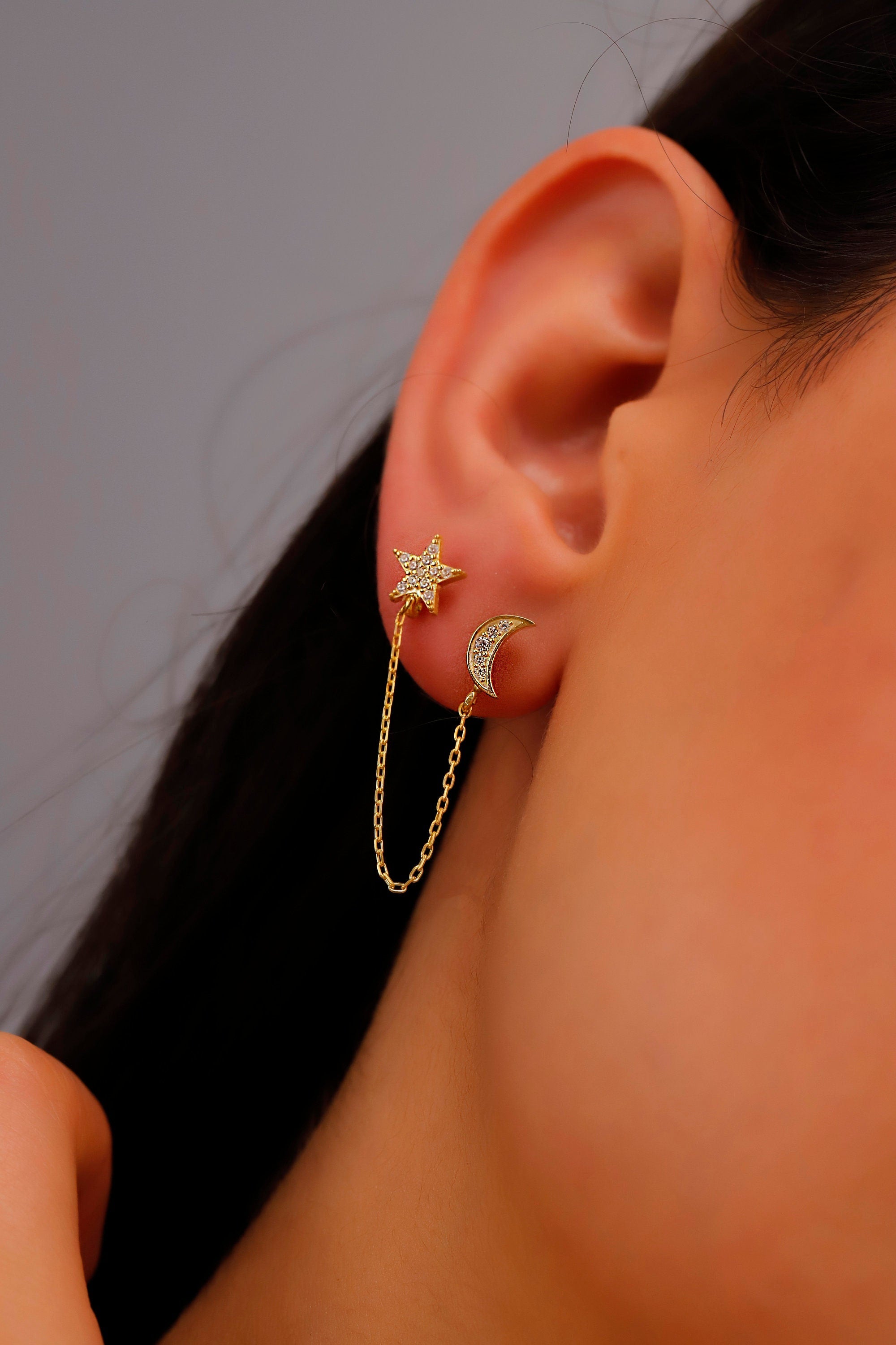 Aurora Jewelry Waterproof Gold Pave Star & Moon Earrings with Sparkling CZ Diamonds