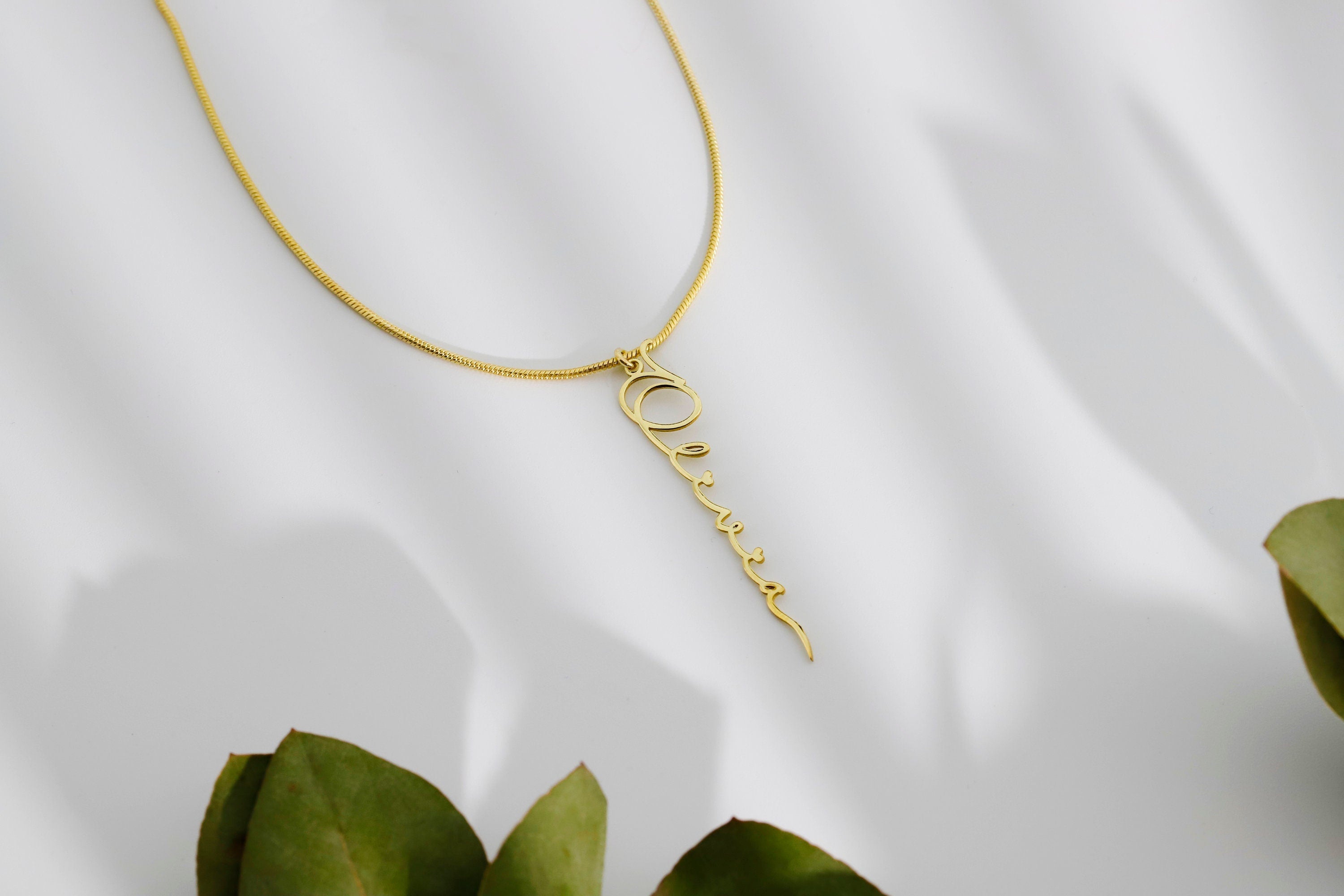 Custom Signature Gold Vermeil Vertical Name Necklace | Handwriting Script Design with Box & Snake Chain