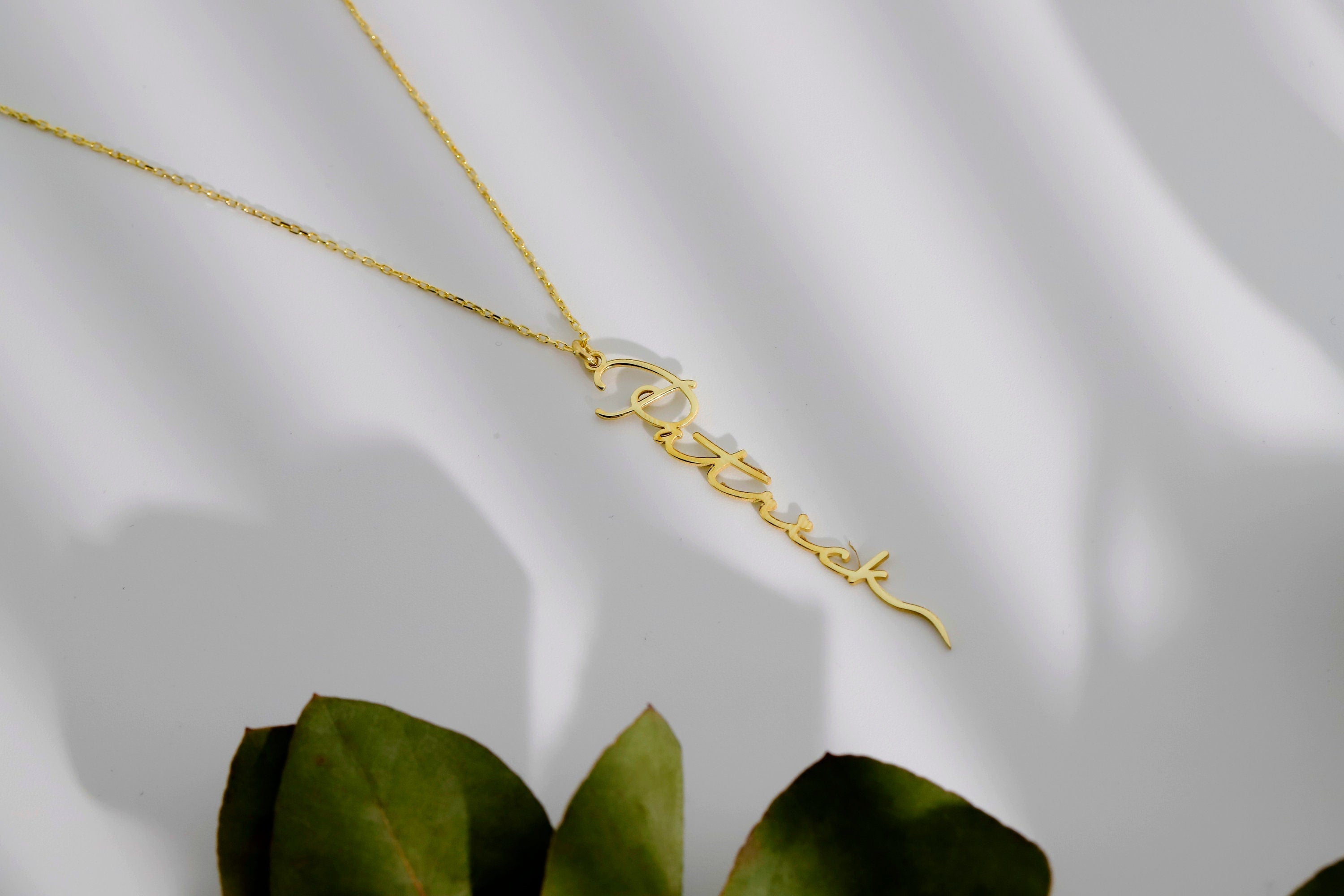 Custom Signature Gold Vermeil Vertical Name Necklace | Handwriting Script Design with Box & Snake Chain