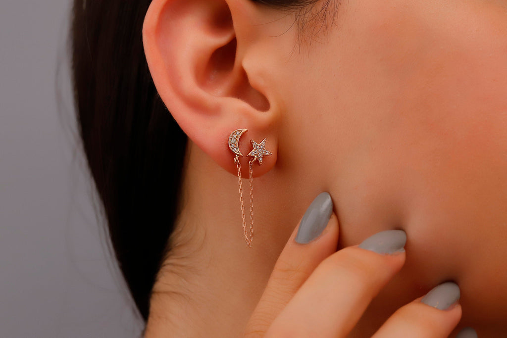 Celestial Dreams Gold Dangle Earrings - Sparkling Moon & Star Design, Waterproof & Chic