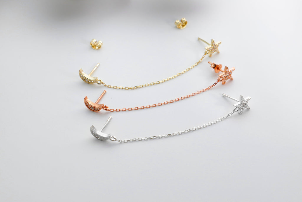 Celestial Dreams Gold Dangle Earrings - Sparkling Moon & Star Design, Waterproof & Chic