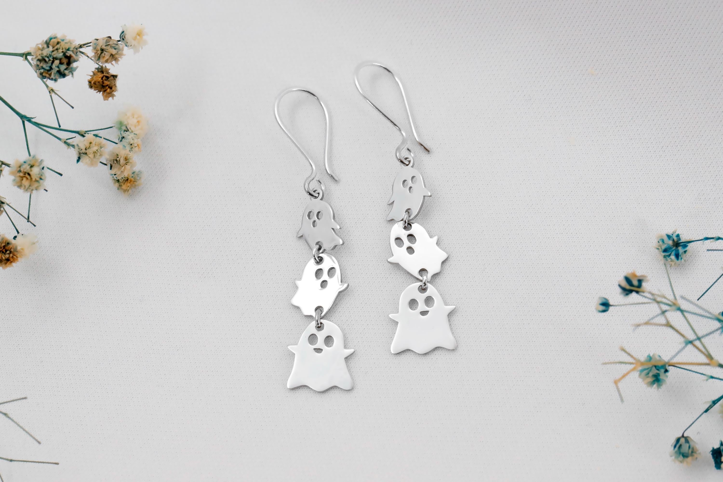 Ghostly Elegance: Sterling Silver Dangle Earrings with 18K Gold Vermeil, Perfect Halloween Accessory