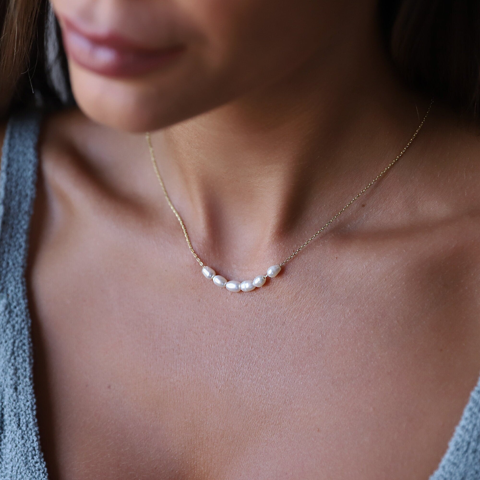 Dainty Pearl Choker Necklace | 6 Oval Freshwater Pearls | Perfect Bridesmaid & Bridal Shower Gift