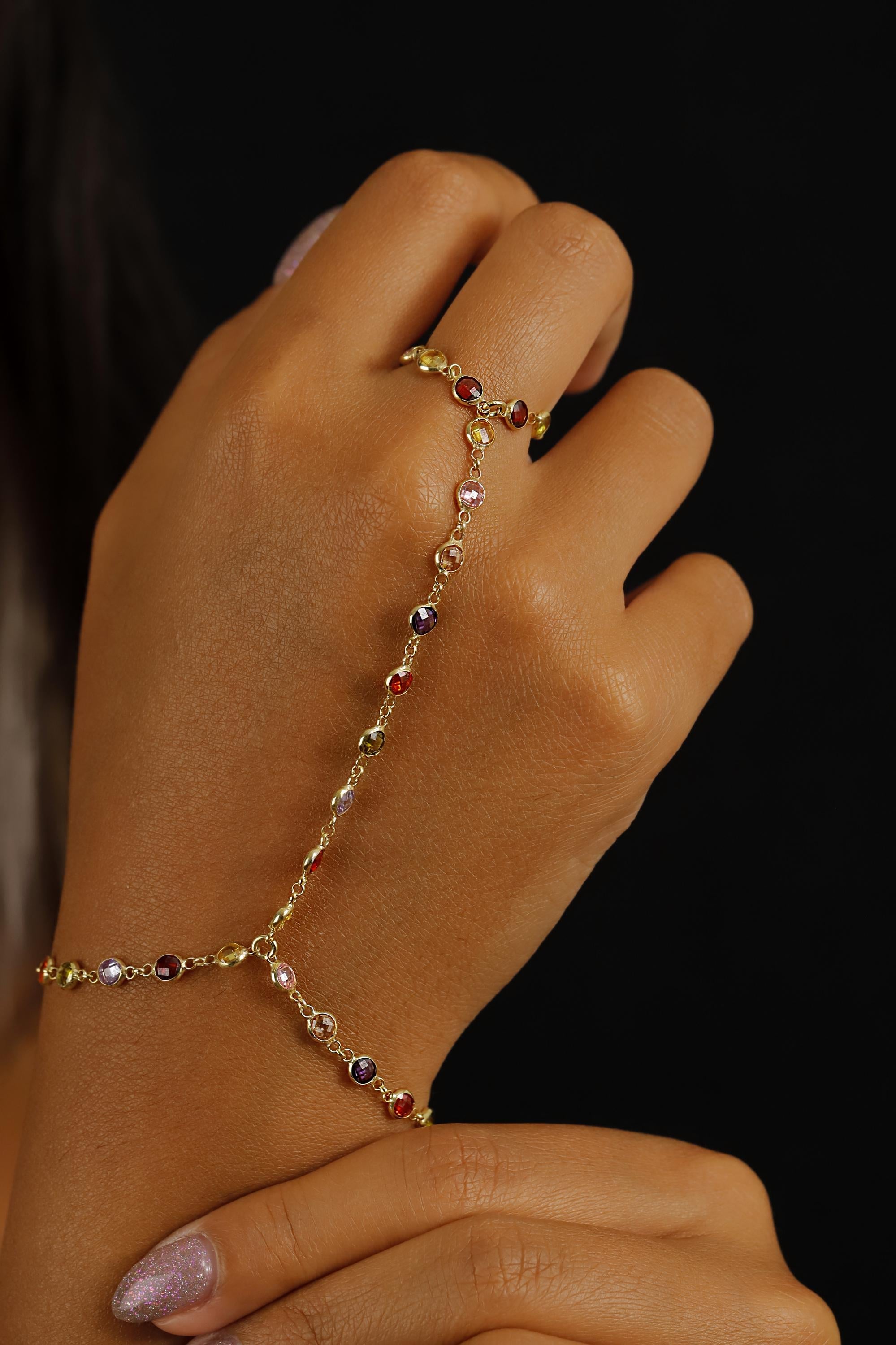Rainbow Gemstone Hand Chain Bracelet - Colorful Multicolor Lariat Jewelry for a Dazzling Look