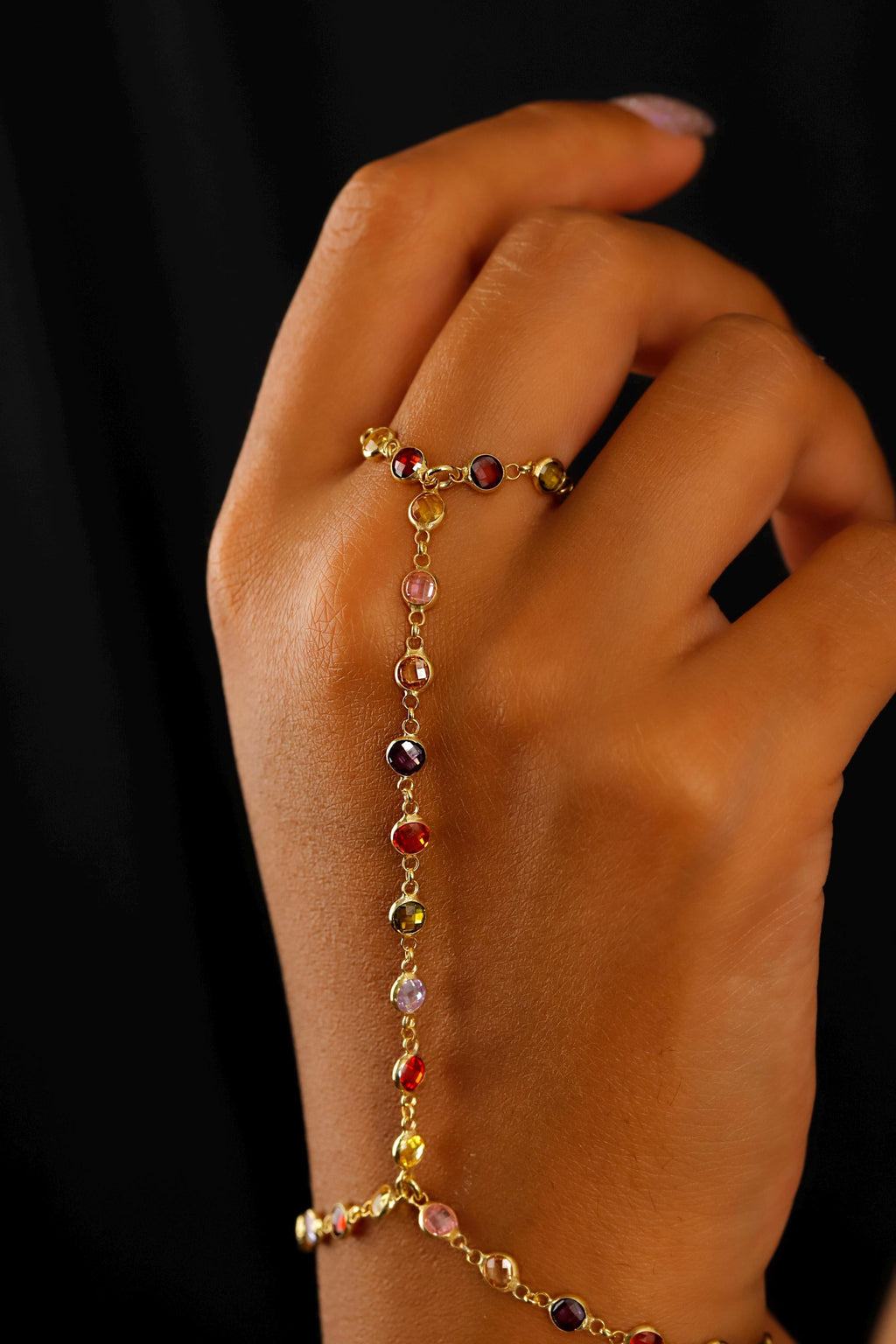Rainbow Gemstone Hand Chain Bracelet - Colorful Multicolor Lariat Jewelry for a Dazzling Look
