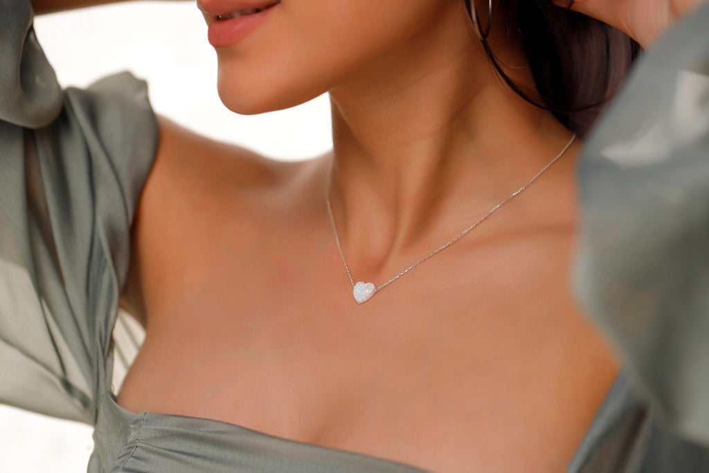 Opal Essence Heart-Shaped White Opal Necklace for Timeless Elegance