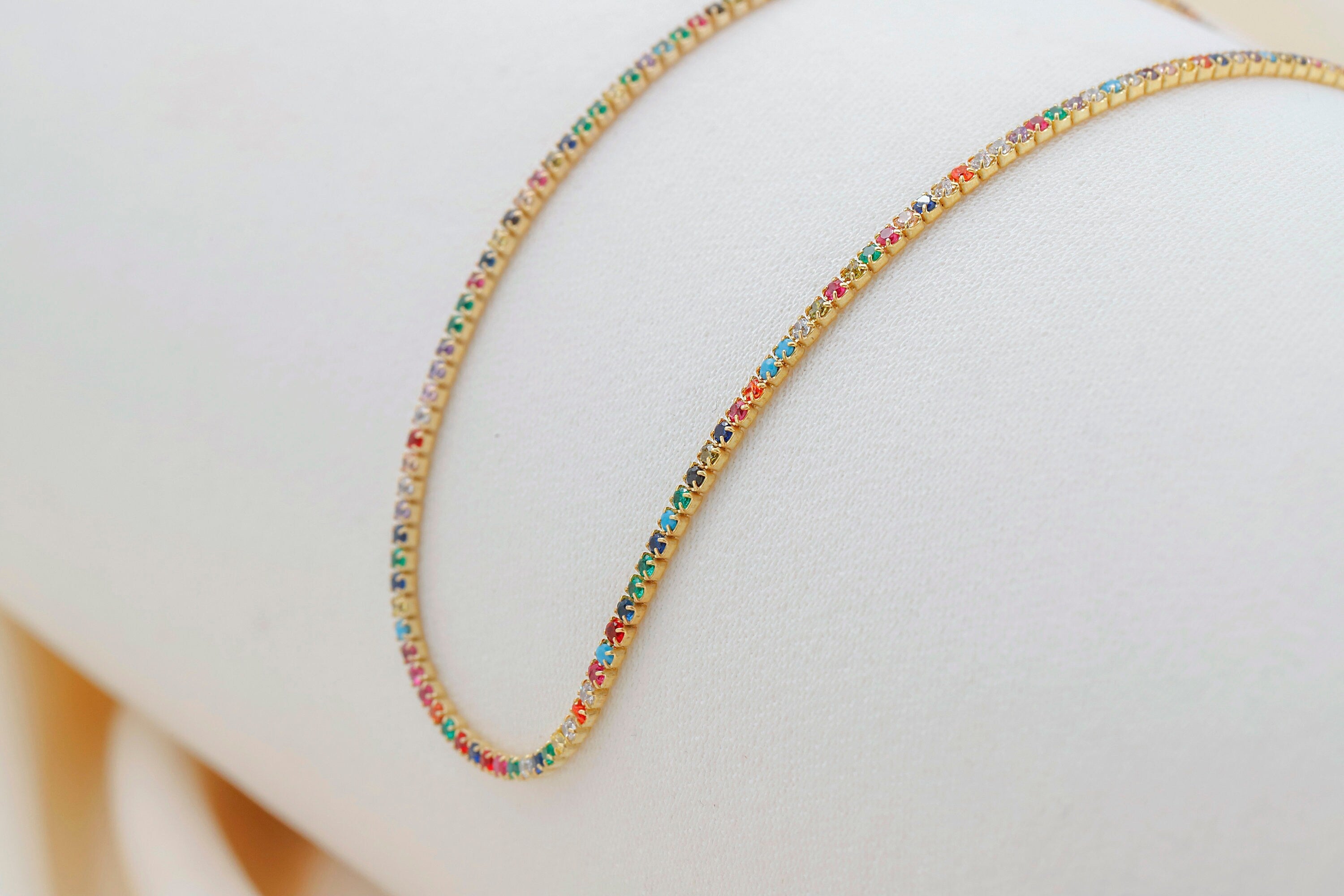 Rainbow Glam Necklace - Dainty 14K Gold Filled Tennis Jewelry with Colorful CZ Stones
