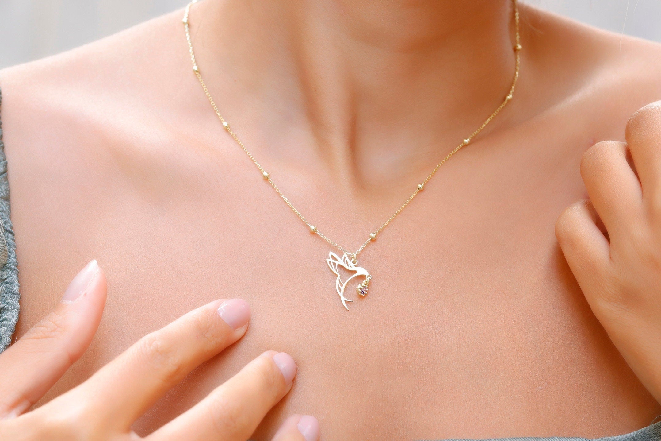 SilverGoldandRose Hummingbird Birthstone Necklace • Gold Bird Jewelry with Beaded Chain for Good Luck & Love