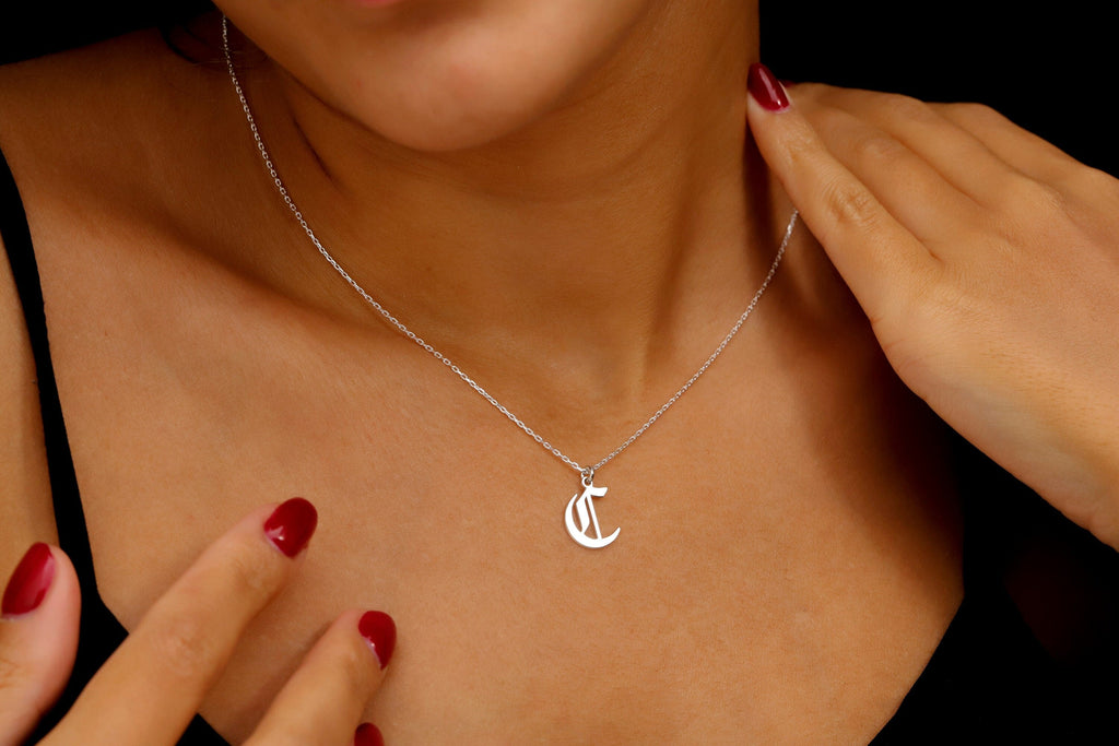 Elegant Initial Necklace - 925 Sterling Silver Old English Gothic Style