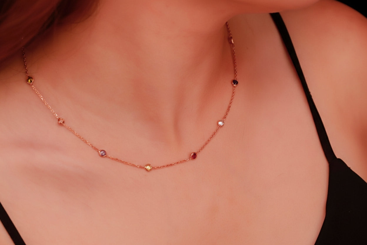 Dainty Rainbow Crystal Gemstone Necklace in 925 Sterling Silver, Gold, and Rose