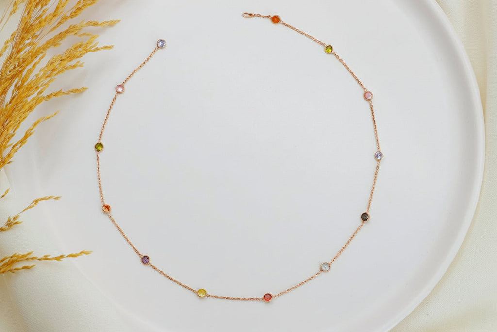 Dainty Rainbow Crystal Gemstone Necklace in 925 Sterling Silver, Gold, and Rose