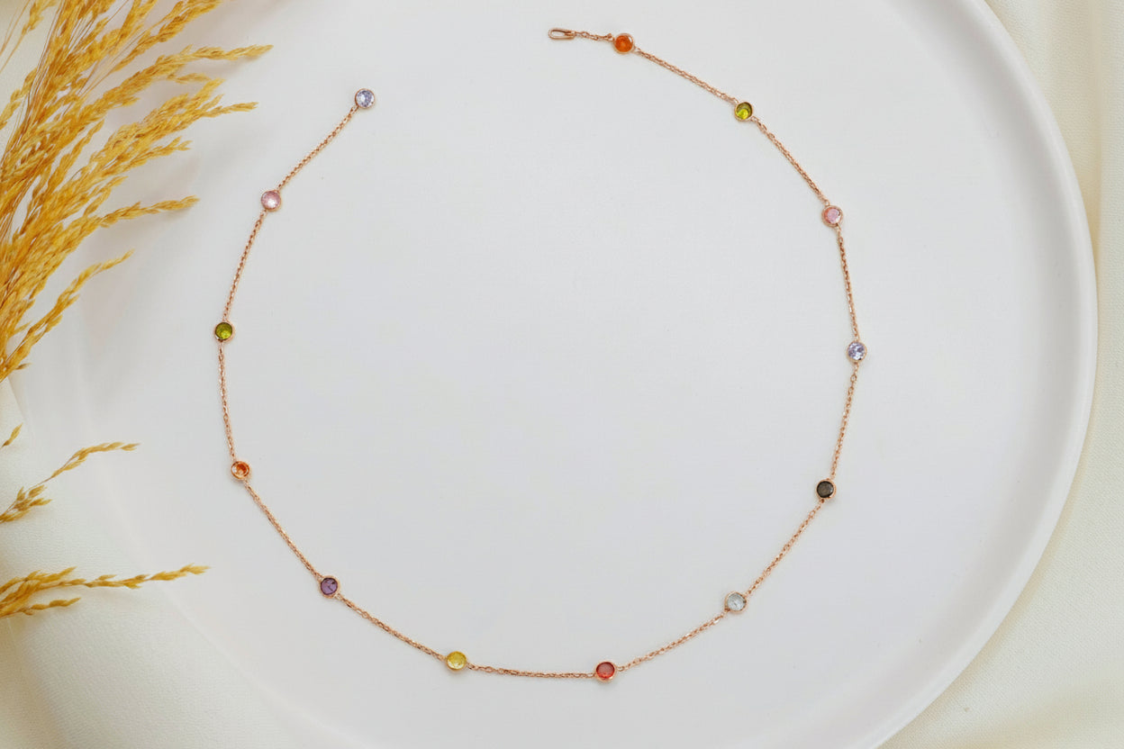Dainty Rainbow Crystal Gemstone Necklace in 925 Sterling Silver, Gold, and Rose