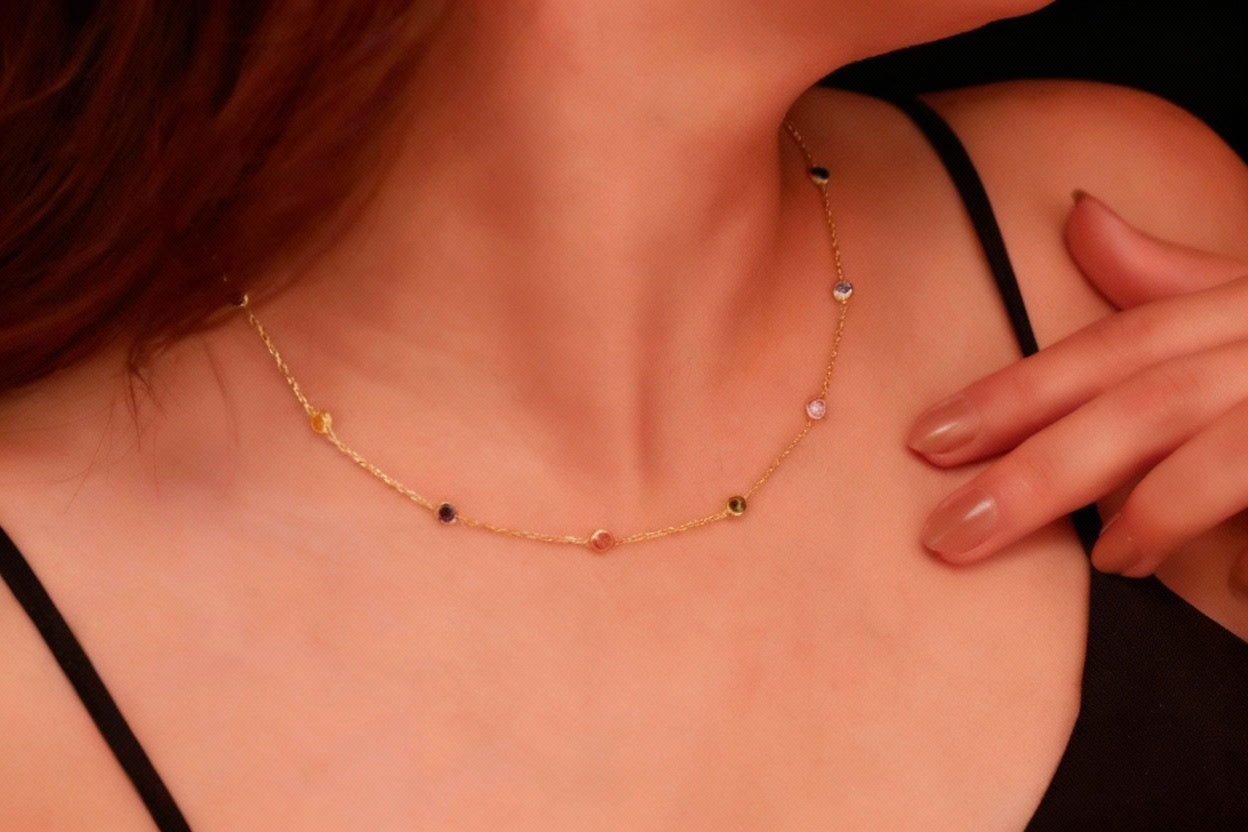 Dainty Rainbow Crystal Gemstone Necklace in 925 Sterling Silver, Gold, and Rose